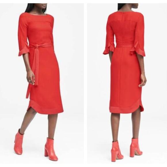BANANA REPUBLIC Flounce Sleeve Belted Dress Cayenne Red {II43} - Picture 1 of 3